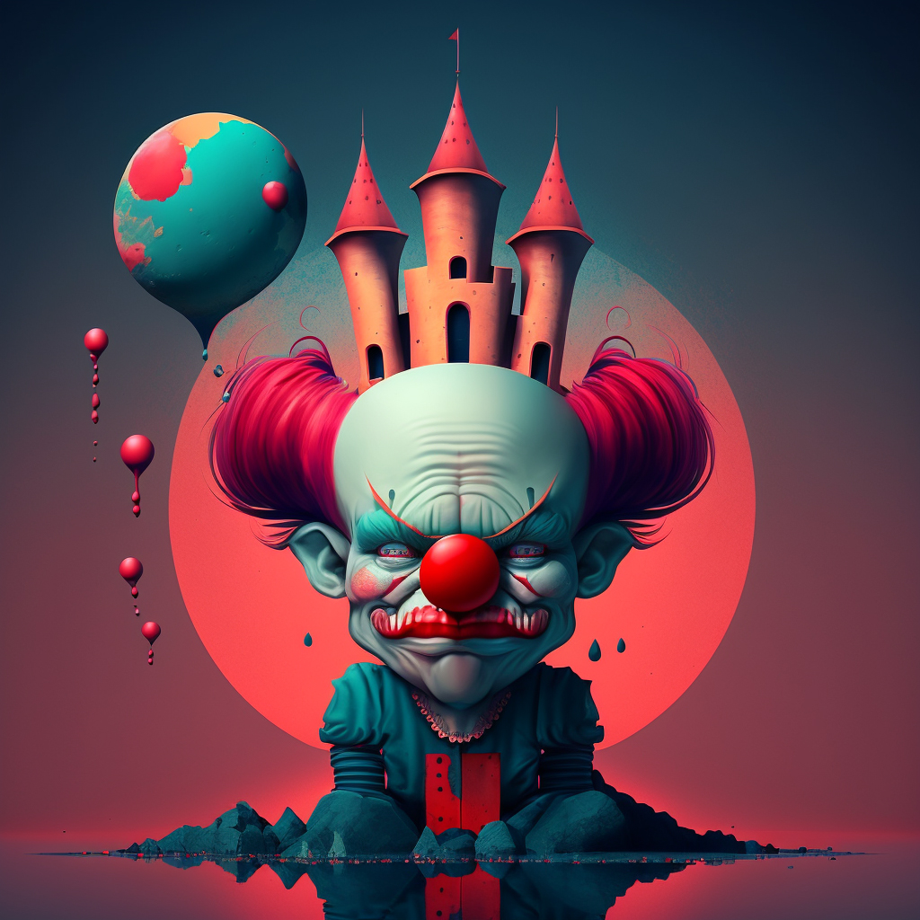 A clown looking at you with a castle on it's head. The earth is behind and is a balloon.