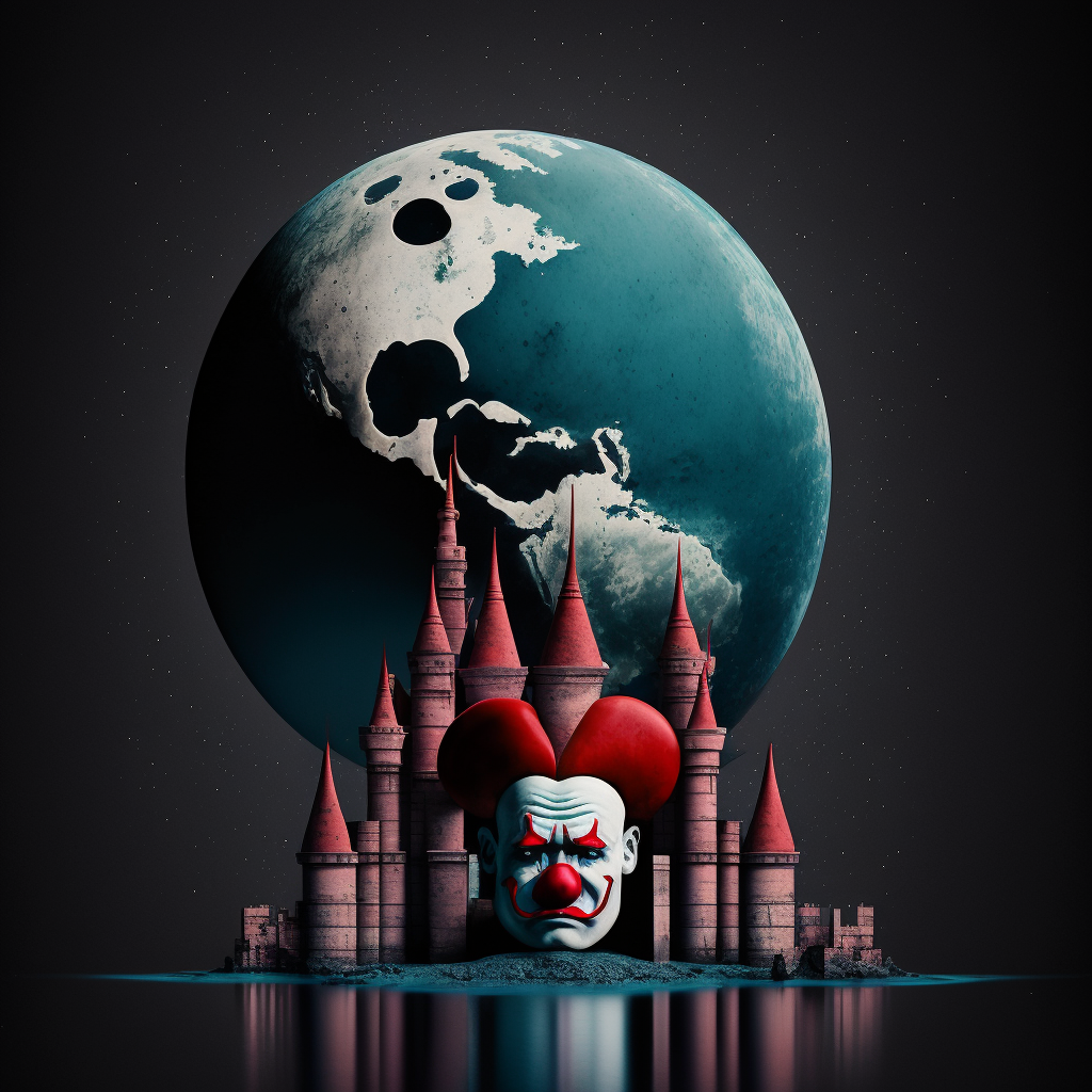 Clown head inside a mickey mouse type castle and the globe looms in the distance.